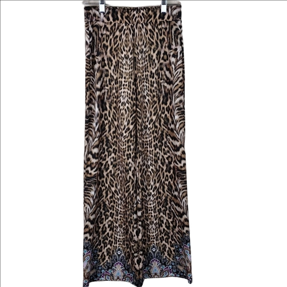 Boston Proper Malibu Classic Leopard Print Mid Rise Elastic Waist Wide Leg Pant